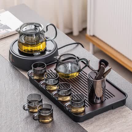 瓷牌茗茶具（cipaiming teaset）玻璃茶具套装家用茶盘整套带过滤茶壶加厚耐热泡茶壶茶杯大容量 青灰亮彩9件+胡桃色盘+黑桃心