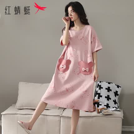 红蜻蜓睡衣女夏季纯棉短袖睡裙卡通口袋套头纯色家居服套装 粉色Q XXL码