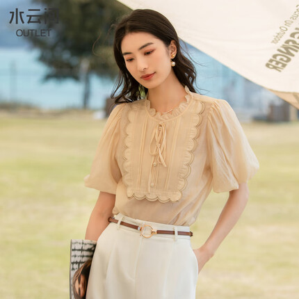 水云间泡泡袖短袖衬衫女2023夏新款小众设计感薄款法式花边领上衣 卡其 M