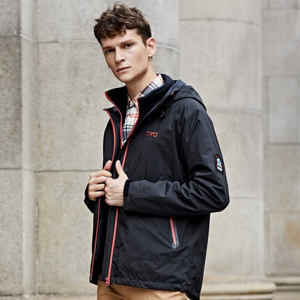 美国TFO 冲锋衣男款三合一可拆卸抓绒内胆户外登山服冬季外套情侣款旅行套装潮牌加厚保暖防风防水服 男款黑色 M