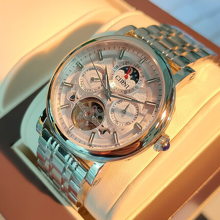 西亚尼飞轮十大全自动机械表男士手表男表防水真皮带品牌新款潮镂空手表 白面钢带 CIRNI