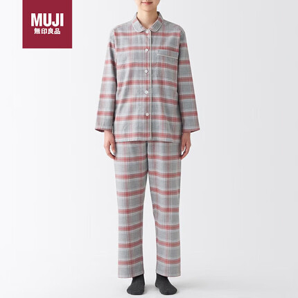 无印良品(MUJI)女式 无侧缝法兰绒 睡衣 家居服套装 烟熏粉色格纹 M