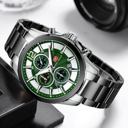 MINIFOCUS男表 潮流时尚 防水夜光 水鬼绿 钢带男手表0237G 03钢壳绿面黑钢带