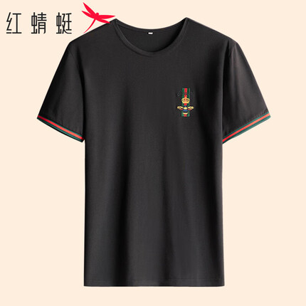 红蜻蜓(RED DRAGONFLY)短袖t恤男时尚百搭棉质休闲圆领舒适透气微弹打底衫 黑色 L