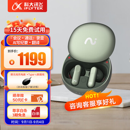 科大讯飞录音降噪会议耳机Nano+ 沁光绿 无线蓝牙耳机 主动降噪 入耳式 超长续航 录音转文字 苹果华为通用 iFLYTEK