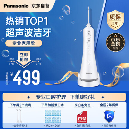 松下（Panasonic）冲牙器洗牙器牙线 超声波洁牙器预防牙结石便携式 5档变频模式 EW1511W白色
