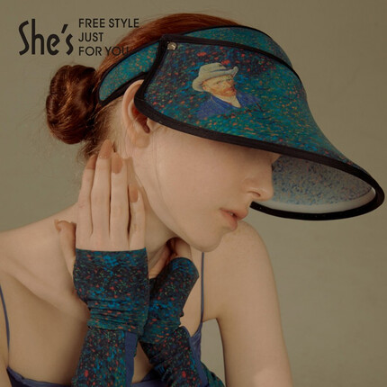 She's茜子梵高印象原创印花夏季户外出游防紫外线太阳帽遮阳帽女防晒 蓝色C0 M(56-58cm)