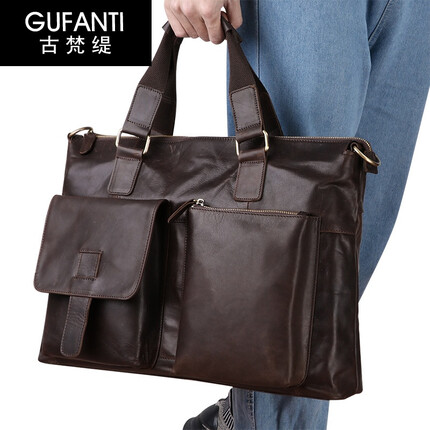 古梵缇（GUFANTI）公文包男 复古公文包商务大容量疯马皮手提包牛皮电脑包gft-406P 巧克力色 牛皮