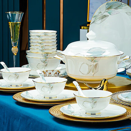 尚行知是 餐具整套碗碟套装家用新中式高档陶瓷碗盘碗筷碗具乔迁新婚送礼 春之意56件套