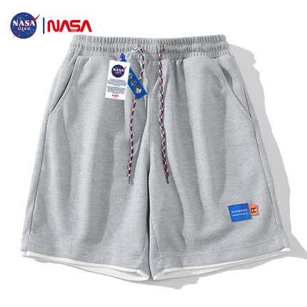 NASA GISS潮牌短裤男夏季华夫格运动休闲五分裤青少年百搭裤子 浅灰 XL 