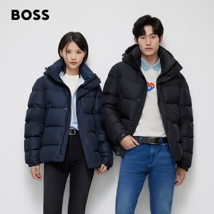 BOSS【面包羽绒】男女同款23秋冬徽标装饰连帽夹克鸭绒羽绒服外套 001-黑色 EU:48