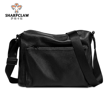 萨帕卡拉男士单肩包大容量斜挎包男商务新款头层牛皮背包 黑色 32*12*27cm SHARPCLAW