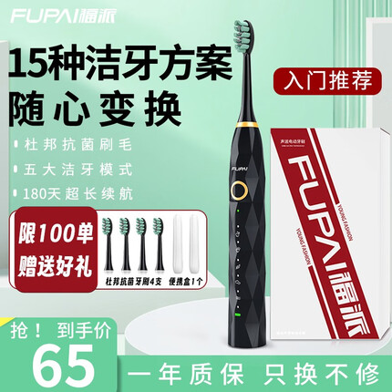 福派电动牙刷成人 软毛防水全自动声波充电式牙刷 男士女士情侣款 性价比优选-15档随心变换【黑】（Fupai）