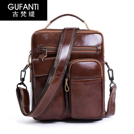 古梵缇单肩包男士斜挎包 大容量头层牛皮男士单肩包通勤手提包复古男包gftx-7 啡色
