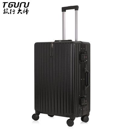 旅行大师高颜值铝框款行李箱万向轮拉杆旅行箱大容量男女密码学生结实耐用 极夜黑【PC款】 26英寸