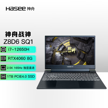 神舟战神Z8D6 SQ1 12代酷睿i7 15.6英寸游戏本 笔记本电脑 12代i7-12650H 16G 1TB RTX4060 165Hz 2.5K电竞屏