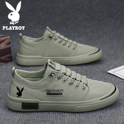 花花公子(PLAYBOY)帆布鞋男鞋2023秋冬季休闲鞋男时尚鞋子男士低帮运动鞋 绿色 43