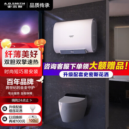 史密斯（A.O.SMITH）佳尼特60升电热水器 双胆超薄 双3kW速热 家用洗澡储水式 小型 一级能效金圭特护系统HT1 沐浴套装