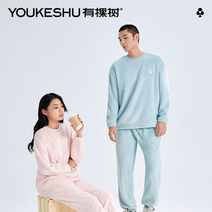 有棵树情侣睡衣女冬季加绒加厚男士居家保暖睡衣可外穿家居服长袖套装 【女款】蜜粉 XL