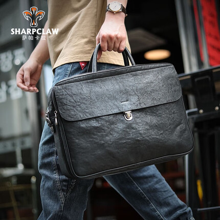 萨帕卡拉男士黑色手提公文包大容量商务休闲文件袋通勤电脑包软 黑色 SHARPCLAW