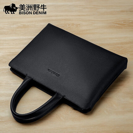 美洲野牛公文包男士手提包商务包14英寸电脑包手拎包情人节礼物送男友 黑色