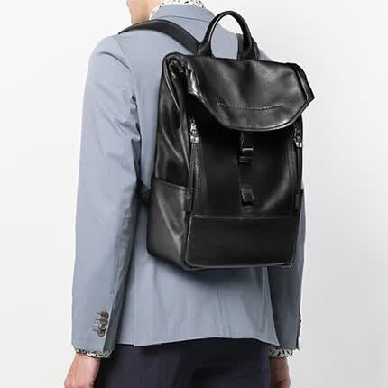 BVP男士双肩包简约商务头层牛皮背包潮男轻奢欧美风大容量电脑包 6001黑