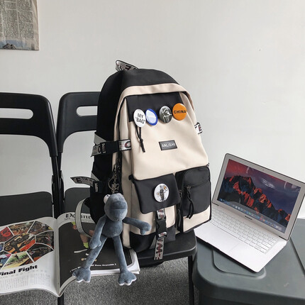 梦凡客书包女大学生韩版高中旅行双肩包男初中生ins日系大容量电脑背包 黑白色（带徽章+灰青蛙）