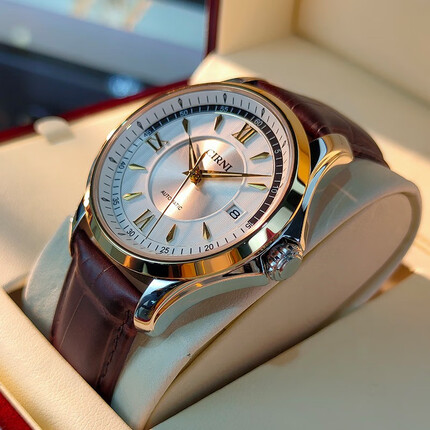 西亚尼男士手表全自动机械表精钢带防水休闲个性时尚商务名表休闲国表日历牌腕表 黄白皮带CI.6026MM CIRNI