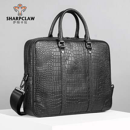 萨帕卡拉鳄鱼纹压花公文包男士新款真皮手提包时尚大容量电脑包 黑色 39*9*31cm