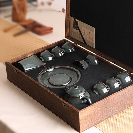 涵青堂龙泉青瓷铁胎哥窑茶具套装陶瓷茶杯家用泡茶器功夫茶具 礼盒装 铁胎茶具十一件套