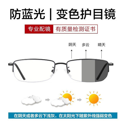 bertha感光急速变色防蓝光太阳紫外线防辐射近视框架男女手机电脑有度数护目眼镜6159 经典黑 平光无度数+变色防蓝光+防紫外线