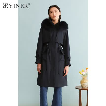 YINER音儿奥莱女装2023冬季新款狐狸毛皮皮草大衣拼貂派克服 藏蓝 40