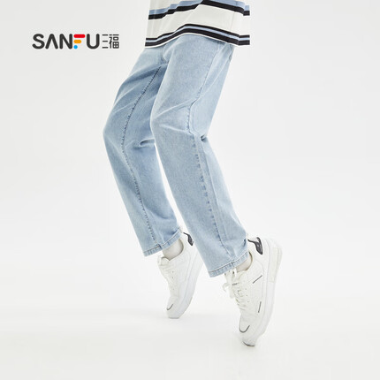 三福2023夏男士天丝清凉宽松牛仔裤 休闲直筒直腰长裤男469761 浅蓝 30(170/76A)