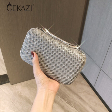 歌卡姿（GEKAZI）2022新款手包女小包宴会手拿包晚礼服晚宴包镶钻婚礼旗袍包包手提 大容量银色 可放大屏手机