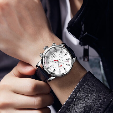 西亚尼手表男士机械表多功能全自动商务运动时尚学生真皮带防水潮流腕表男表 白面 CIRNI