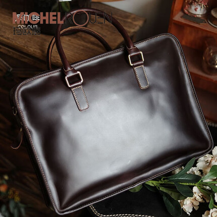 玛欧璐品牌高端牛皮公文包男通勤手提包男士公务文件包大容量电脑包男 深咖色