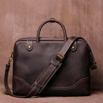 古梵缇手提公文包男 复古牛皮横款单肩斜挎包手工疯马皮文件电脑包gft-gft-831P 深咖色