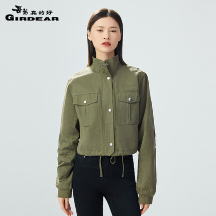 哥弟真的好女装简约百搭立领宽松短款纯棉工装夹克女外套A400688 军绿 L(4码)
