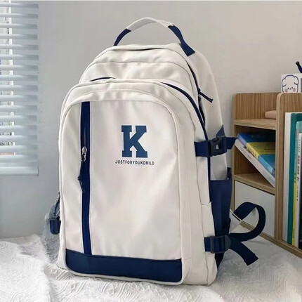 丛林鸟 双肩包男日系休闲大容量高中书包潮男士大学生新款百搭背包电脑包 白色【小恐龙】