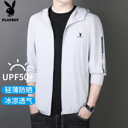 花花公子(PLAYBOY)防晒衣男2022夏季男装外套男士三防休闲夹克男情侣款冰丝凉感防紫外线皮肤衣服 浅灰 4XL