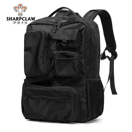 萨帕卡拉双肩包男帆布男士背包商务出差多功能电脑包时尚大容量旅行男包 黑色