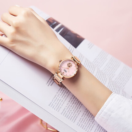 西亚尼全自动机械表 女士手表 女表镶钻镂空精钢个性时尚商务防水潮流腕表 金粉 CIRNI