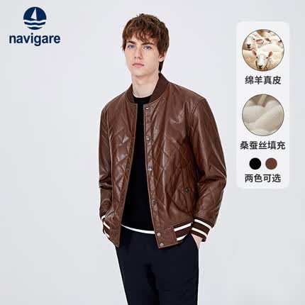Navigare意大利小帆船真皮皮衣男夹桑蚕丝棒球领外套1336803505 棕 XL/52