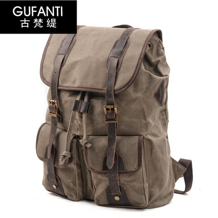 古梵缇背包双肩包 男士大容量旅行背包帆布拼接疯马牛皮登山包户外双肩包gftt-264 军绿色