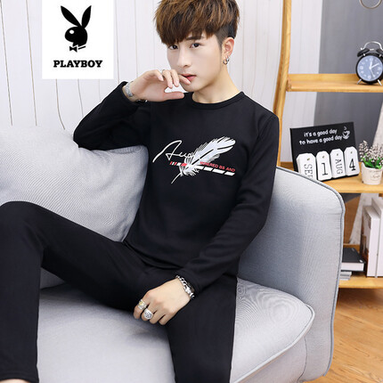 花花公子 保暖内衣套装男秋冬圆领加厚加绒T恤印花青少年秋衣秋裤情侣打底 黑色 2XL
