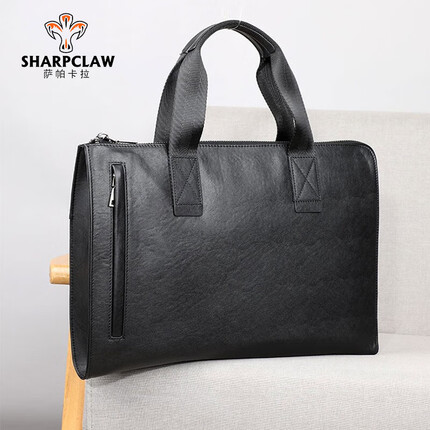 萨帕卡拉男士公文包通勤手提袋头层牛皮男包办公包商务横款电脑包 黑色 SHARPCLAW