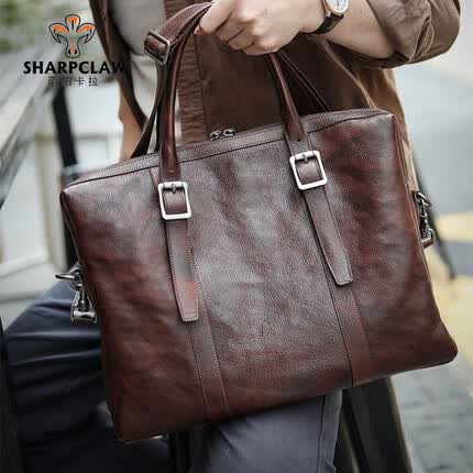 萨帕卡拉男包手提公文包电脑包头层牛皮出差通勤上班包包 复古咖色 SHARPCLAW