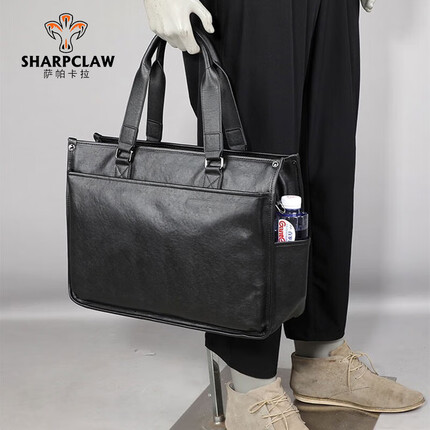 萨帕卡拉皮包男通勤公文包头层牛皮文件袋手提包大容量出差包男士商务 黑色 可装15.6寸电脑 SHARPCLAW