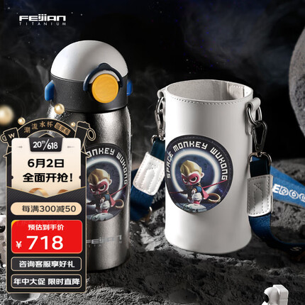飞剑（feijian）纯钛儿童保温杯大容量户外便携钛水杯带吸管双盖钛杯高档礼盒定制 银色550ML