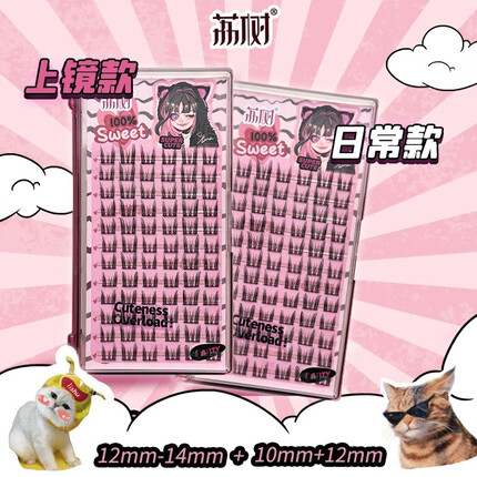 荔树纯欲猫耳朵假睫毛自然仿真仙子毛新手素颜女单簇初学者 纯欲猫耳朵-长长+短短【两盒装】 有胶水镊子